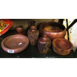 Six treen bowls and three vases