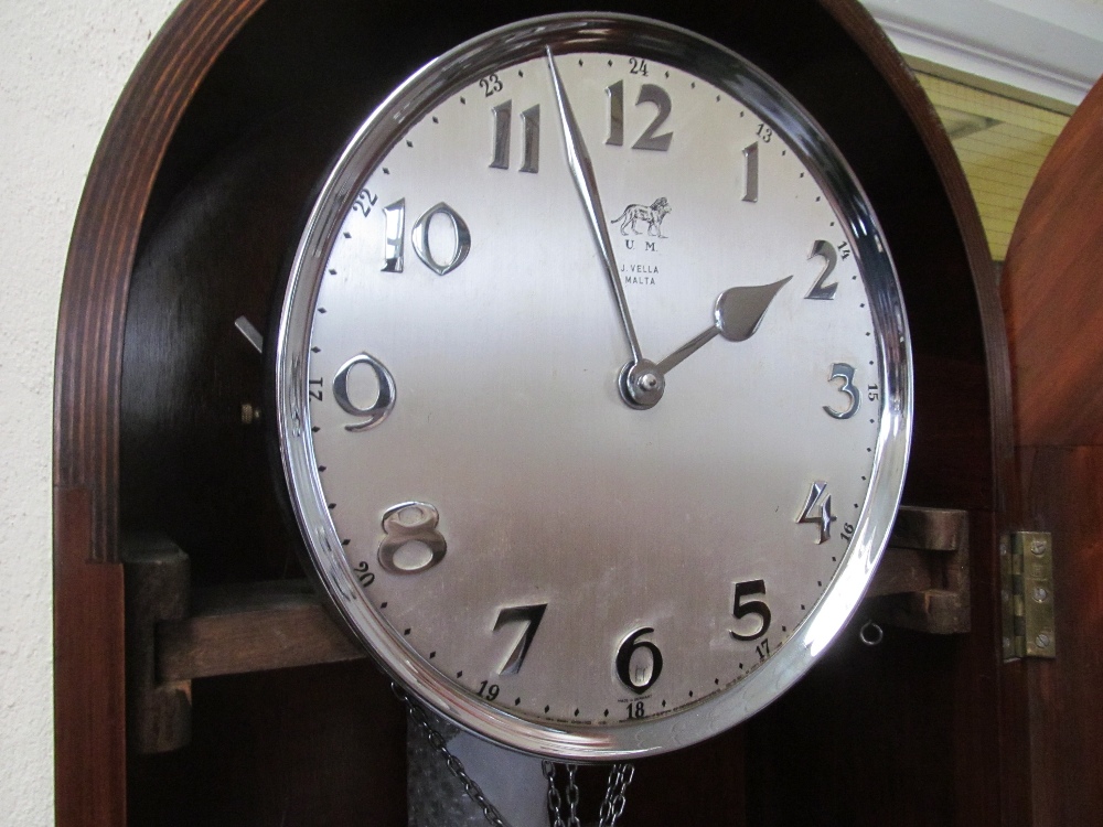 An Art Deco walnut grandfather clock, cream dial J. Vella, Malta, striking movement, three weight - Image 4 of 6