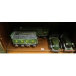 A tin-plate model Flying Scotsman and tender and two treen model cars