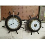 A Shatz barometer and clock each mounted in ships wheel