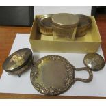 Two brushes, silver lidded dressing table pot, Sterling silver back hand mirror and jewellery box