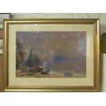 A large 19th Century watercolour Mediterranean lake scene with town in the distance and fishermen on