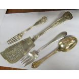 A silver plated slice, John Bellis Sterling fork, fork and two spoons