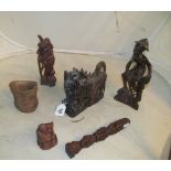 Various carved treen Oriental figures, Dogs of Fo et cetera