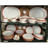 A Spode dinner set rust banded border (chip to soup bowl and broken handle)
