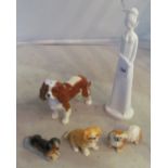 A Spode Victoria figure, Beswick spaniel and three other dogs