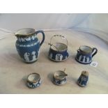 Various blue Jasperware style china with silver rims