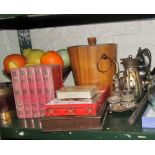 A treen bowl with fruit, treen ice bucket, a brass bound pot, tins, pack of playing cards and plated