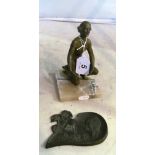 An Art Deco Spelter figure lady kneeling on marble base and an Art Nouveau style pin tray