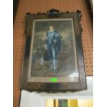 A coloured print 'The Blue Boy' in a painted and metal frame with scroll surmount and a print violin