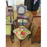 A tapestry shield back chair and corner chair