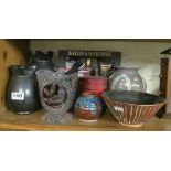 Five studio pots Prinknash et cetera, glass vase, post stamp box and gent's set