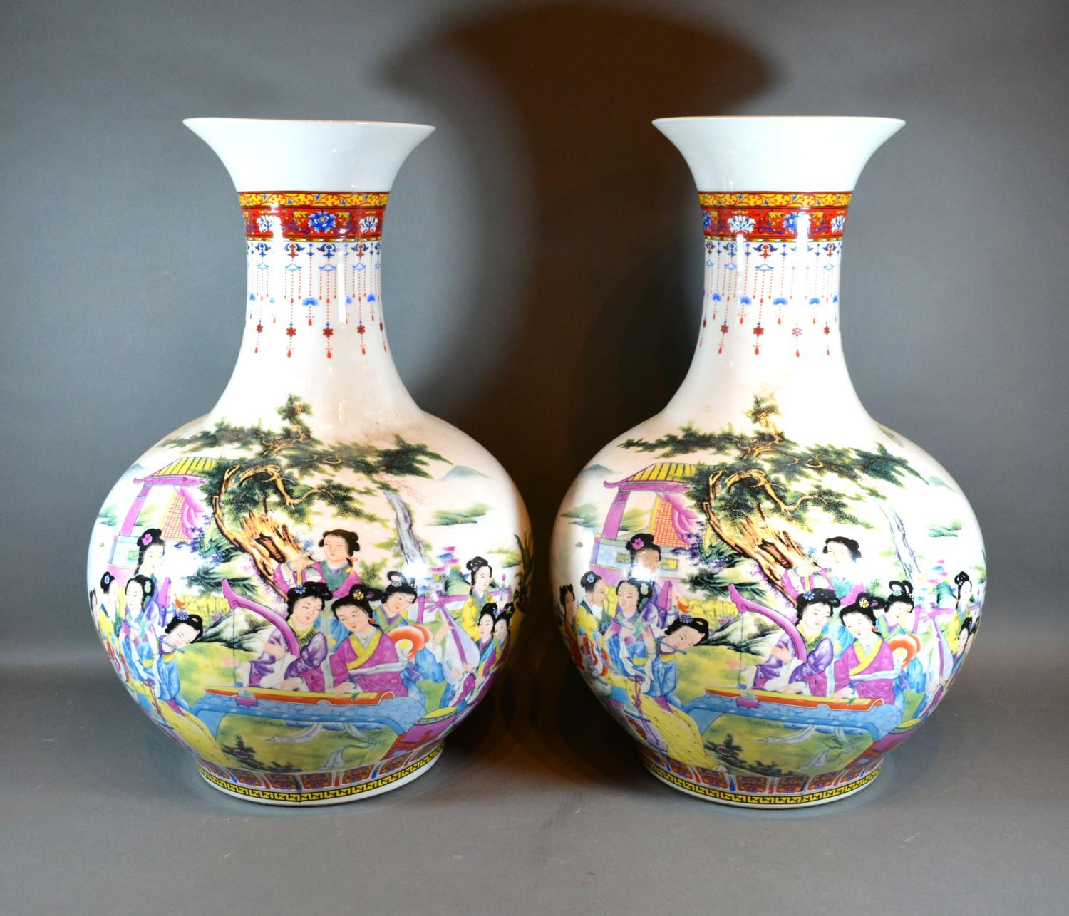 A Pair of Chinese Large Bottleneck Vases decorated in polychrome enamels with figures amongst