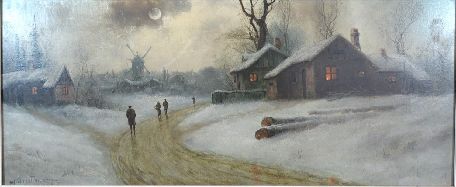 Niels Hans Christiansen, A Winter Landscape with Figures on a Track before Buildings with Sun - Image 2 of 2