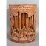 A 19th Century Chinese Bamboo Brush Pot hand carved with figures, 18 cms tall