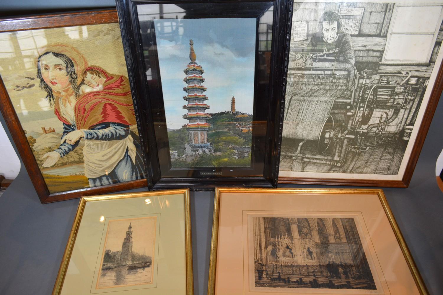 Three Black and White Engravings together with an Oriental silk-work picture and a wool-work