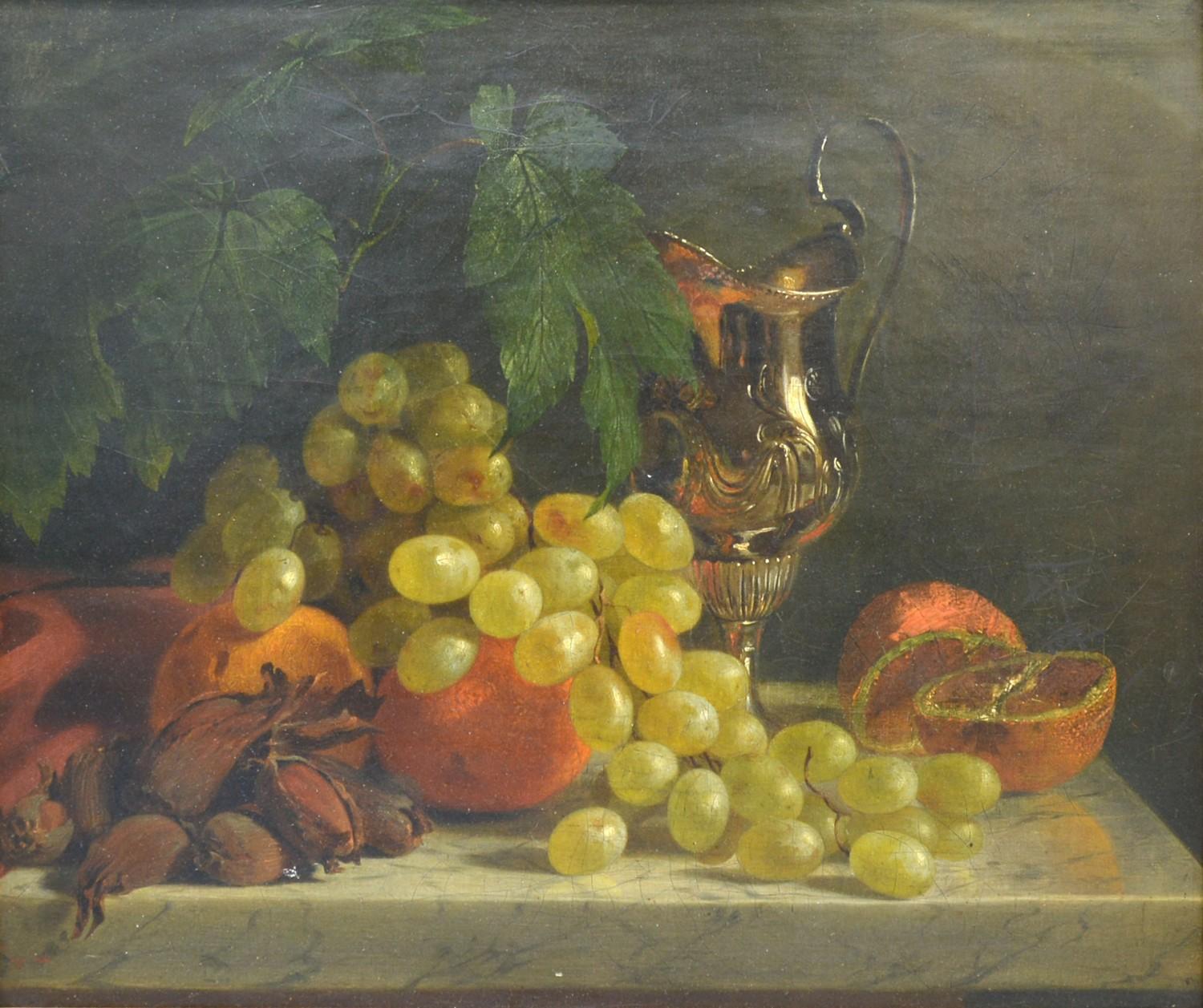 Edward Ladell, Still Life, Grapes and Fruit Upon A Table With Ewer, Oil on Canvas, 29cm x 35cm