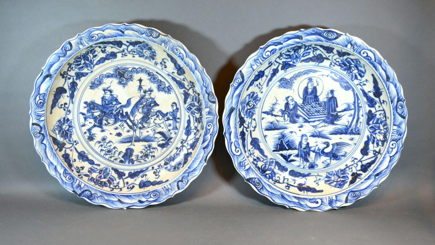 A Pair of Chinese Underglaze Blue Decorated Large Chargers, each decorated with figures within