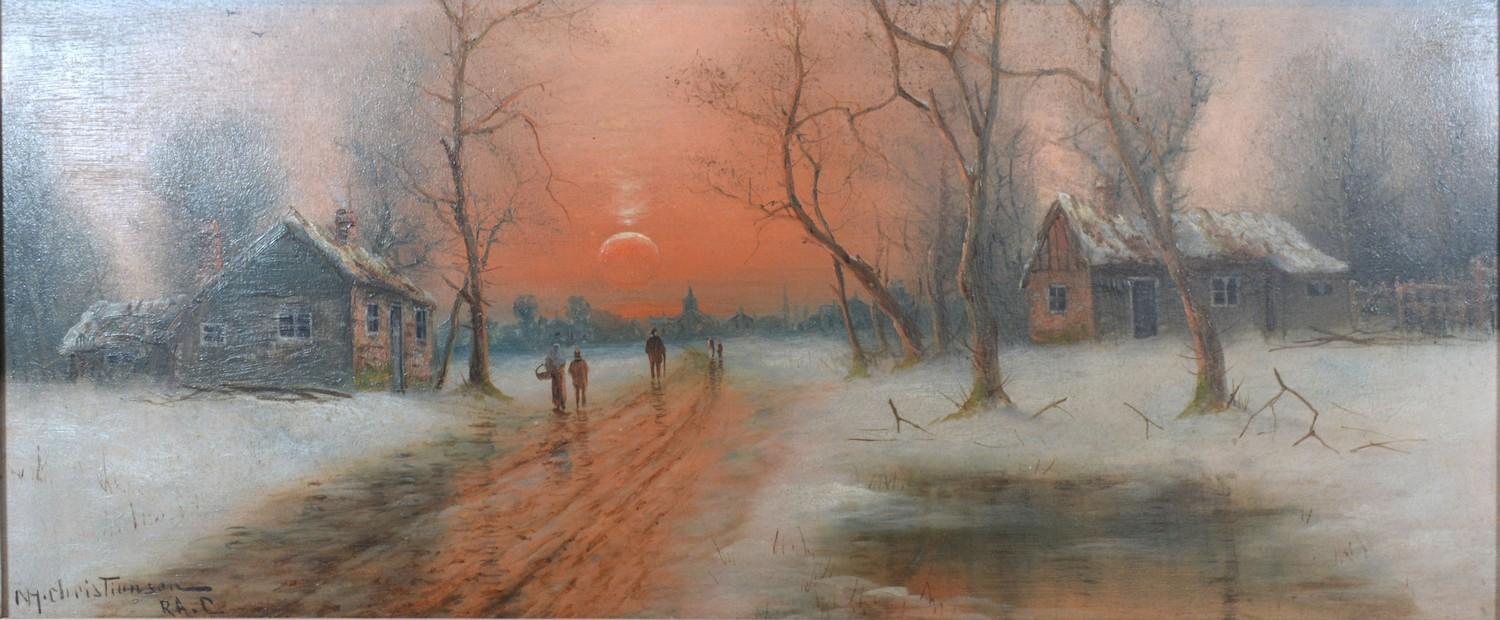 Niels Hans Christiansen, A Winter Landscape with Figures on a Track before Buildings with Sun