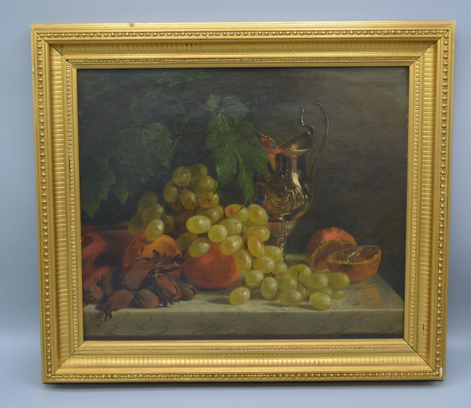 Edward Ladell, Still Life, Grapes and Fruit Upon A Table With Ewer, Oil on Canvas, 29cm x 35cm - Image 2 of 3