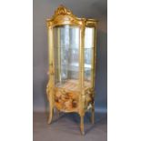 A French Gilded Vernis Martin Style Vitrine, the shaped scroll cornice above a glazed and painted