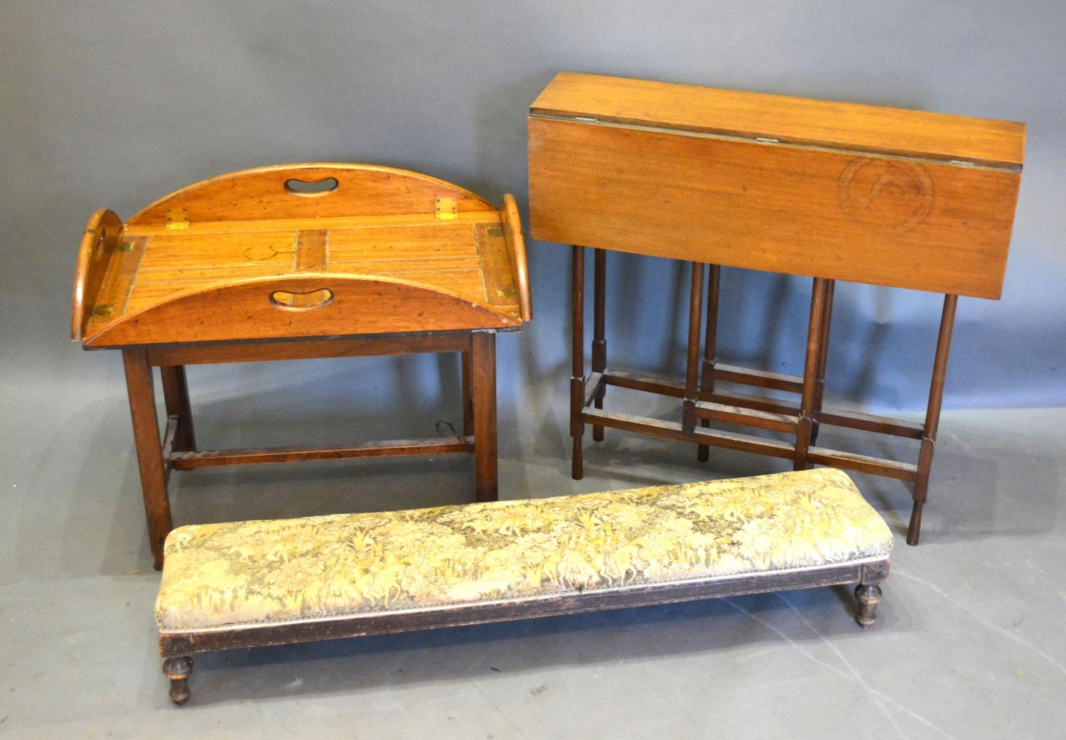 A 19th Century Mahogany Pembroke Table together with a Butlers Tray on Stand and a Fender Stool