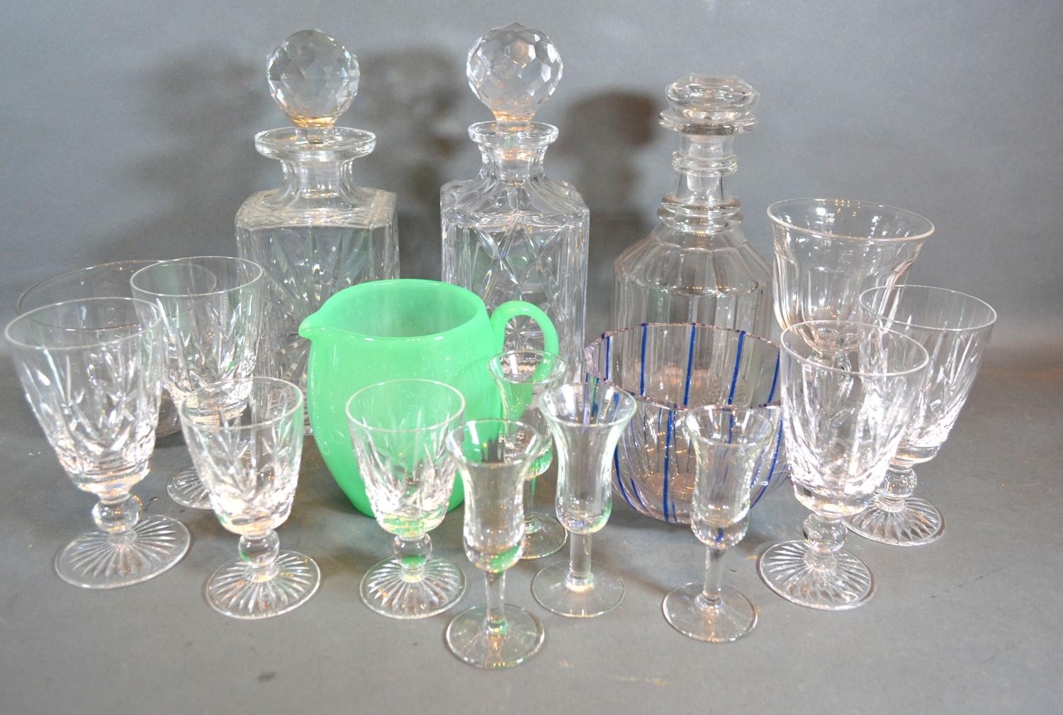 Three Cut Glass Decanters together with various other glassware