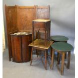 A George III Oak Bow Fronted Hanging Corner Cabinet together with an oak three fold screen, a pair