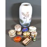 A Royal Copenhagen Porcelain Vase 20 cms tall together with various pill boxes