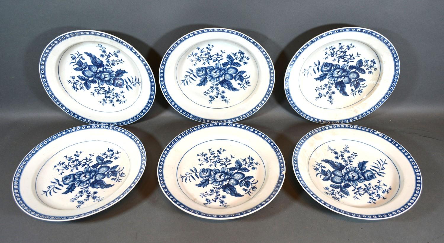 A Set of Six First Period Worcester Dishes all decorated in underglaze blue with pine cones