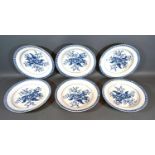 A Set of Six First Period Worcester Dishes all decorated in underglaze blue with pine cones