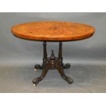 A Victorian Burr Walnut and Marquetry Inlaid Oval Centre Table, the inlaid moulded top above