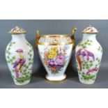 A Pair of Porcelain Covered Vases in the style of Chelsea together with a continental porcelain
