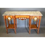 A French Kingwood Gilt Metal Mounted and Porcelain Console Table, the variegated marble top above an