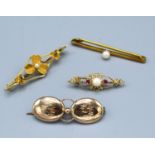 A 9ct. Gold Pearl Set Bar Brooch together with another similar 9ct. gold brooch, a 15ct. gold bar
