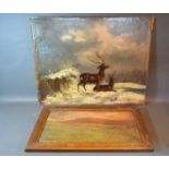 A Victorian Oil on Canvas Applied to Board 'Winter Landscape with Stag and Deer' 54 x 69 cms