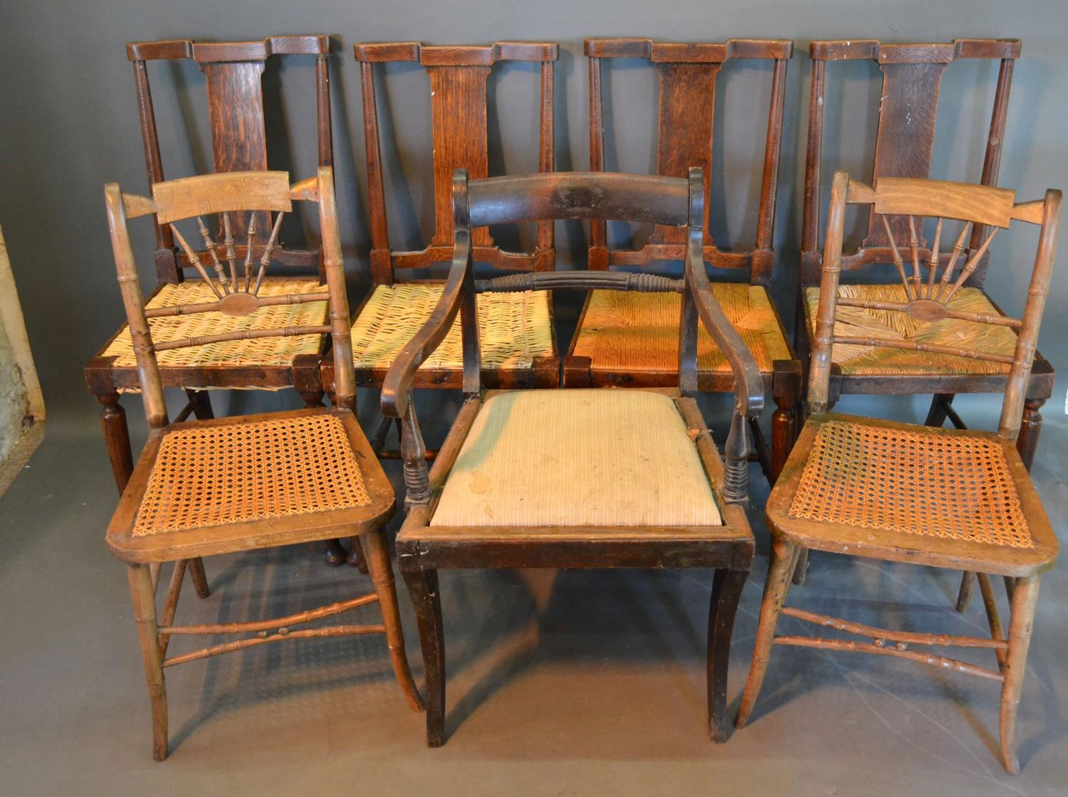 A Set of Four 19th Century Oak Side Chairs together with a pair of cane seat bedroom chairs and a