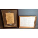 A Framed Hotel Room Inventory to include mention of Lord and Lady Churchill together with a