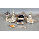 A Birmingham Silver Six Piece Condiment Set together with a Scottish Silver Egg Cup and a London
