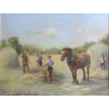 E Hunter 'Haymaking' Oil on Canvas, signed and dated 1991, 38 x 48 cms