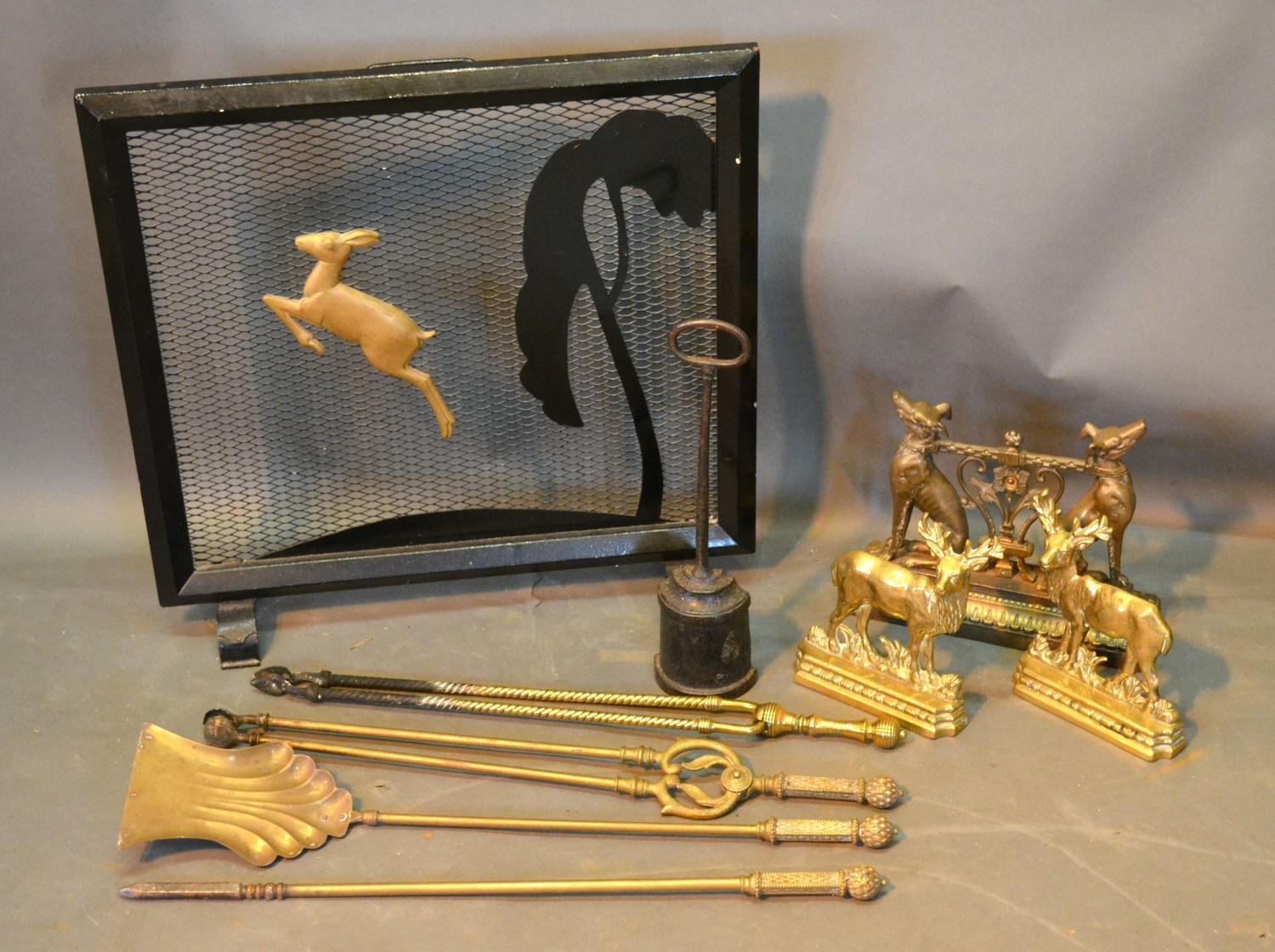 A Collection of Brass Fire Furniture together with a fire guard and a door stop