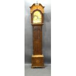 An Oak and Mahogany Longcase Clock the arched hood with swan neck pediment above a star inlaid door,
