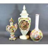 A German Porcelain Bottleneck Vase together with a Victorian Glass Covered Vase and a Dresden