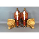 A Pair of Red Tole Ware Wall Lights, the shield back with gilt decoration and single light fitting