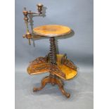 A Victorian Burr Walnut Book Stand, the circular top with adjustable candle sconce and with spiral