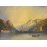 19th Century Continental School, Lake Scene with Figures in a Boat, watercolour, 50 x 68 cms