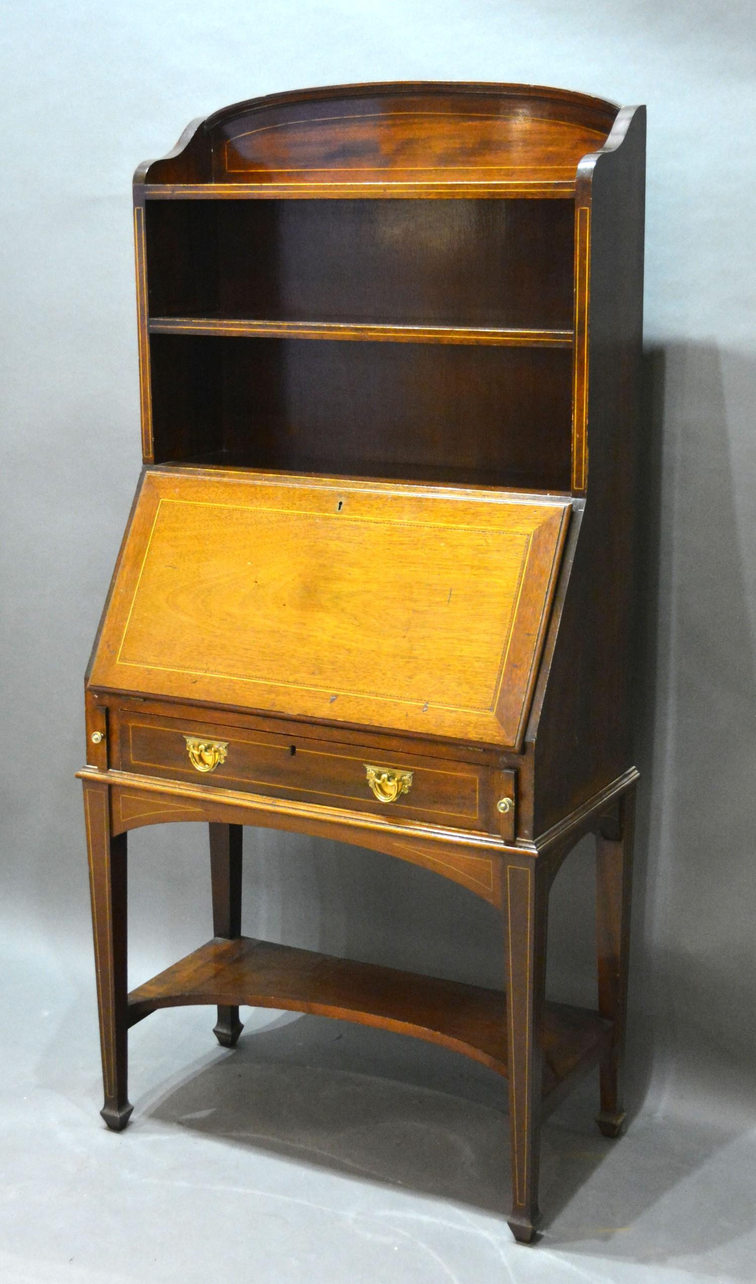 An Edwardian Mahogany Line Inlaid Bureau Bookcase with open shelves and a fall front enclosing a - Image 2 of 3