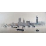 H Mann 'Pool of London Westminster Bridge before the Houses of Paliament' mixed media, 45 x 100 cms