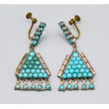 A Pair Of Yellow Metal Drop Earrings Of Triangular Form, set with Torquoise