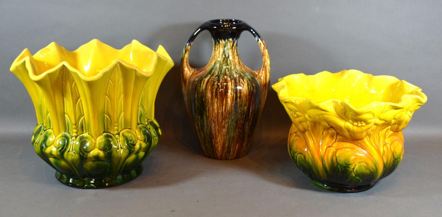 A Bretby Jardiniere of Shaped Form with yellow and green ground, 22 cms tall together with another